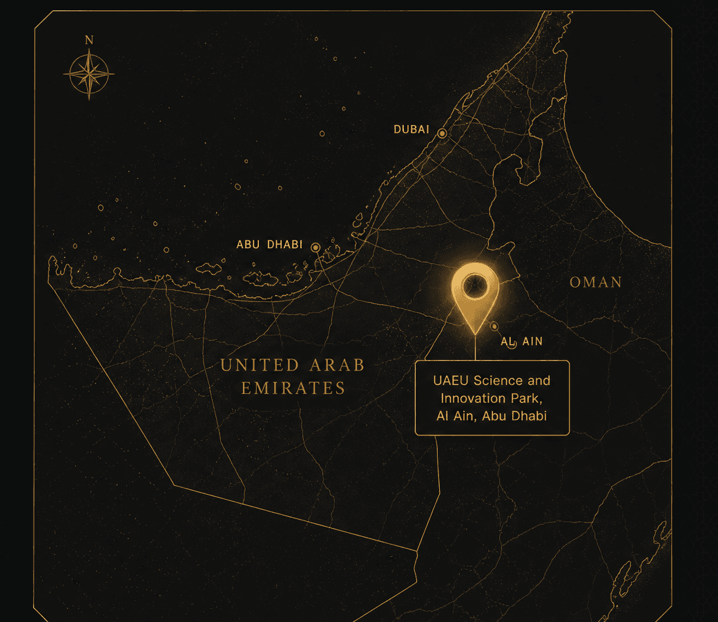 Map of the Gulf region marking the Amanah headquarters at the UAEU Science and Innovation Park in Al Ain, Abu Dhabi, with Dubai and Abu Dhabi also shown.